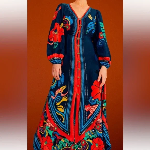 FARM Rio Blue Vintage Forest Midi Dress, Navy Blue Silky Viscose, Large - Picture 7 of 14
